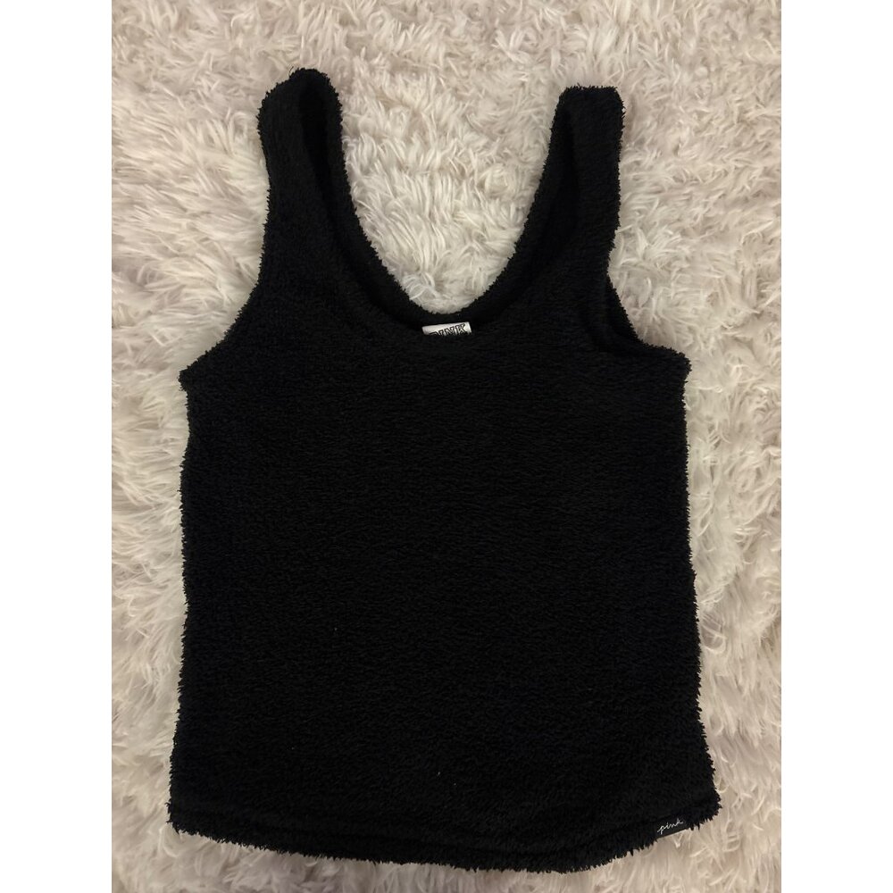 Victorias Secret Pink Fuzzy Black Sleepwear Tank Top  Soft Terry Feel XS